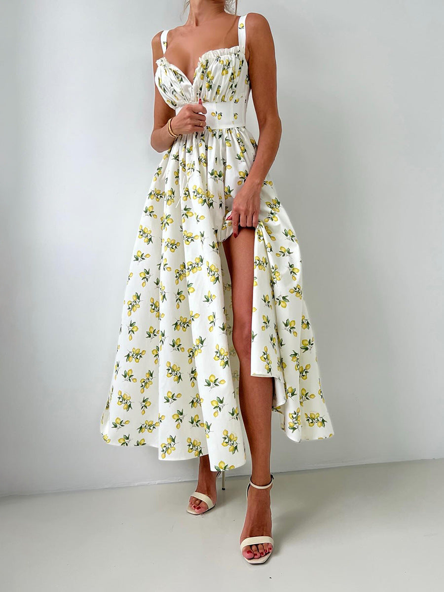 Lemon Print Corset Bodice Maxi Dress - Beige - 3
