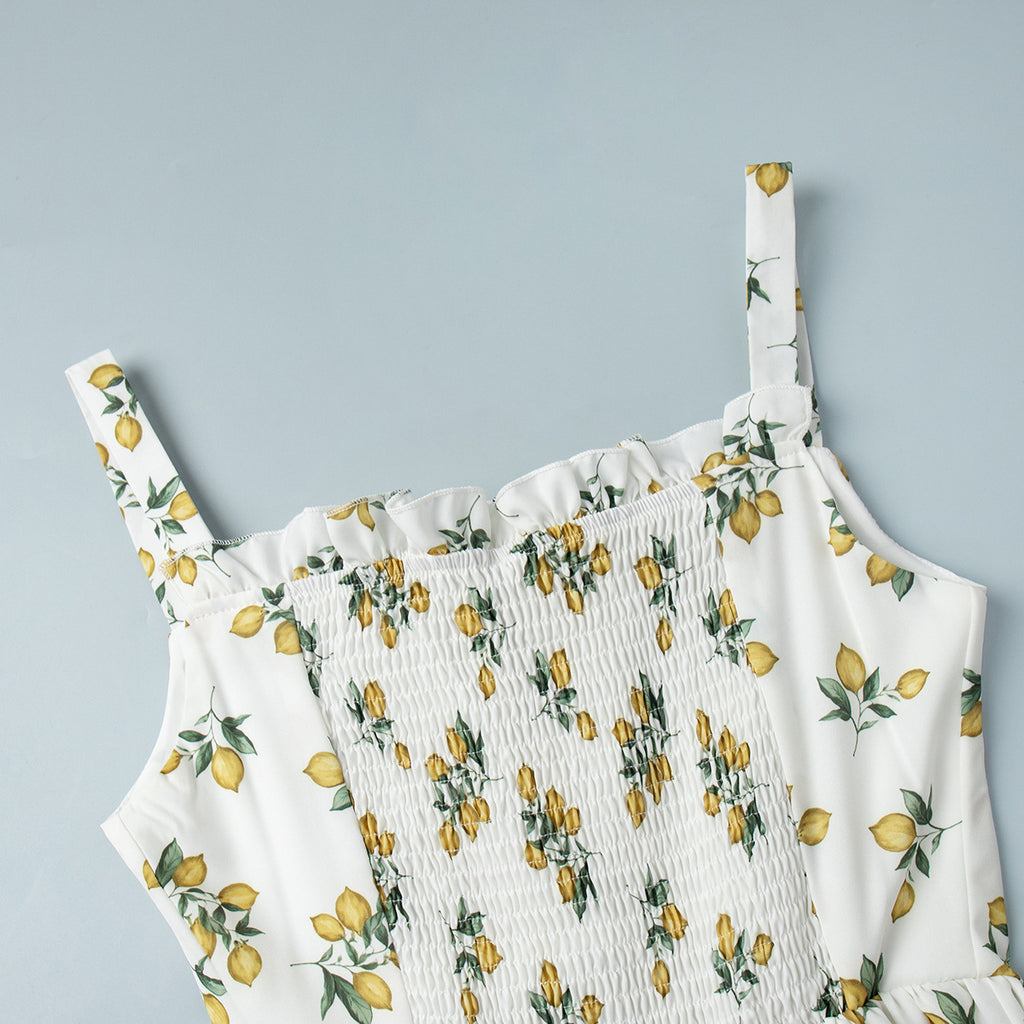 Lemon Print Corset Bodice Maxi Dress - Beige - 5
