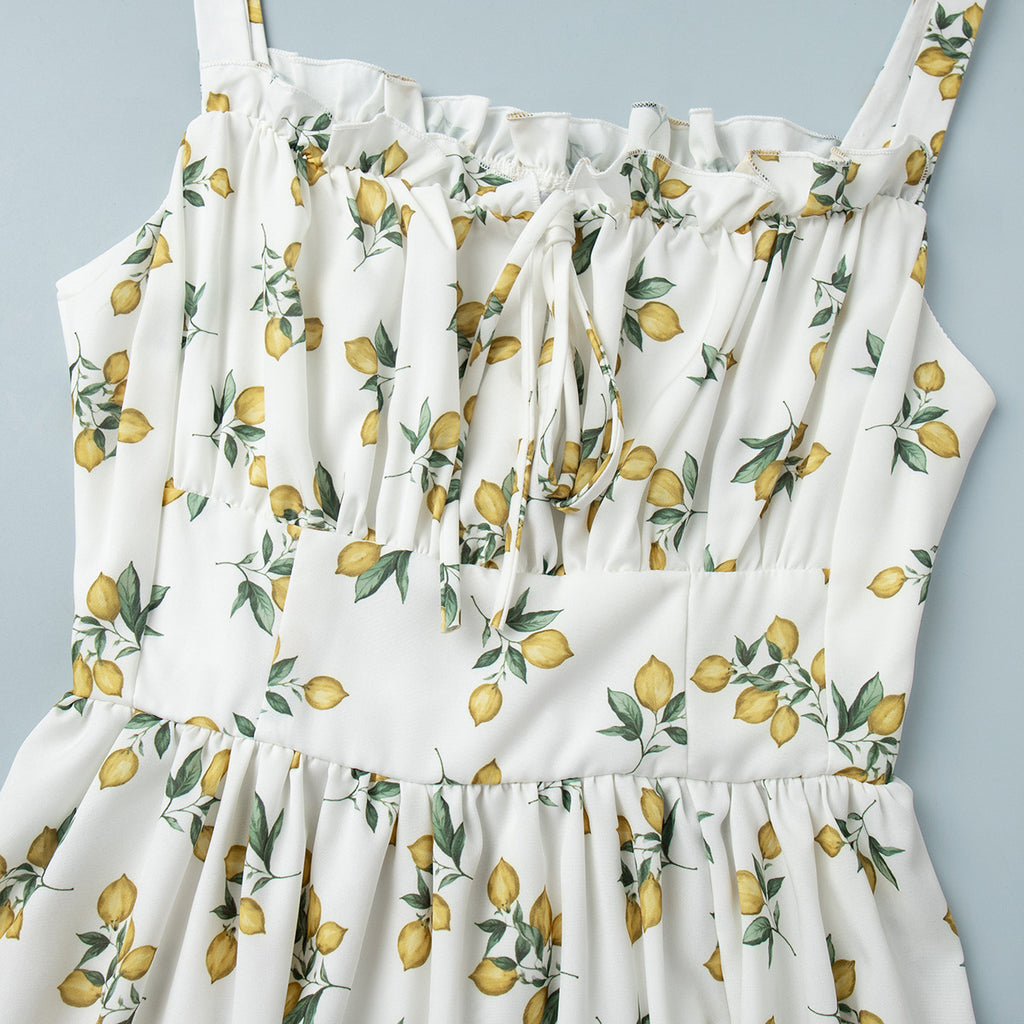 Lemon Print Corset Bodice Maxi Dress - Beige - 6