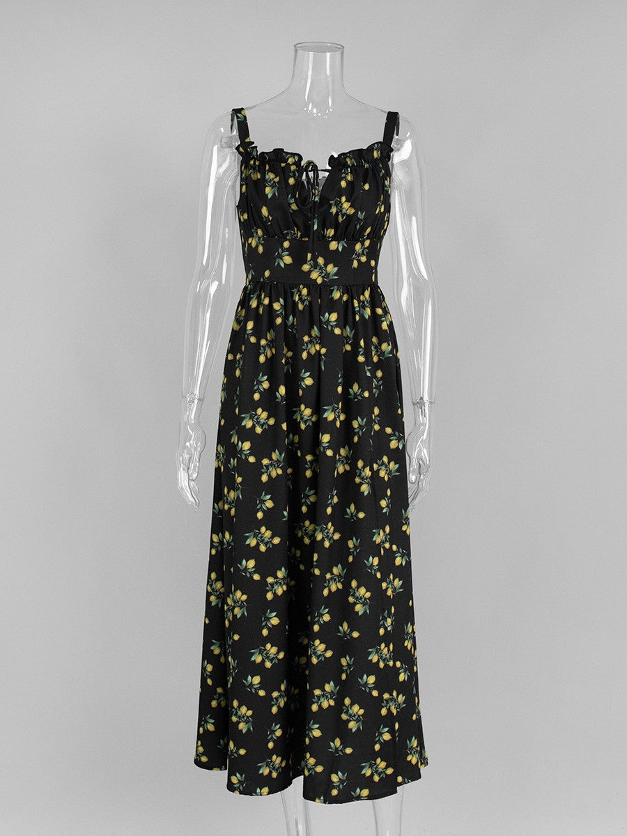 Lemon Print Corset Bodice Maxi Dress - Black