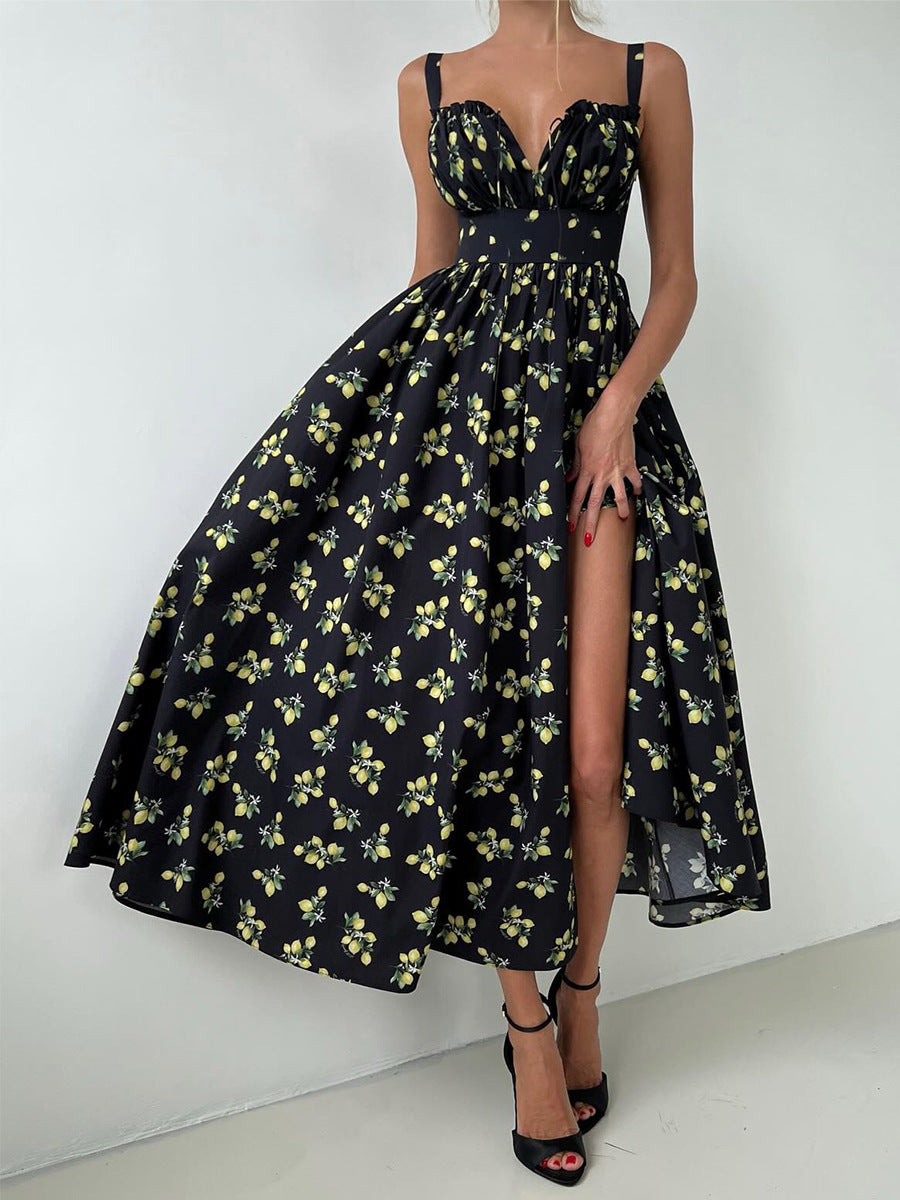 Lemon Print Corset Bodice Maxi Dress - Black - 1