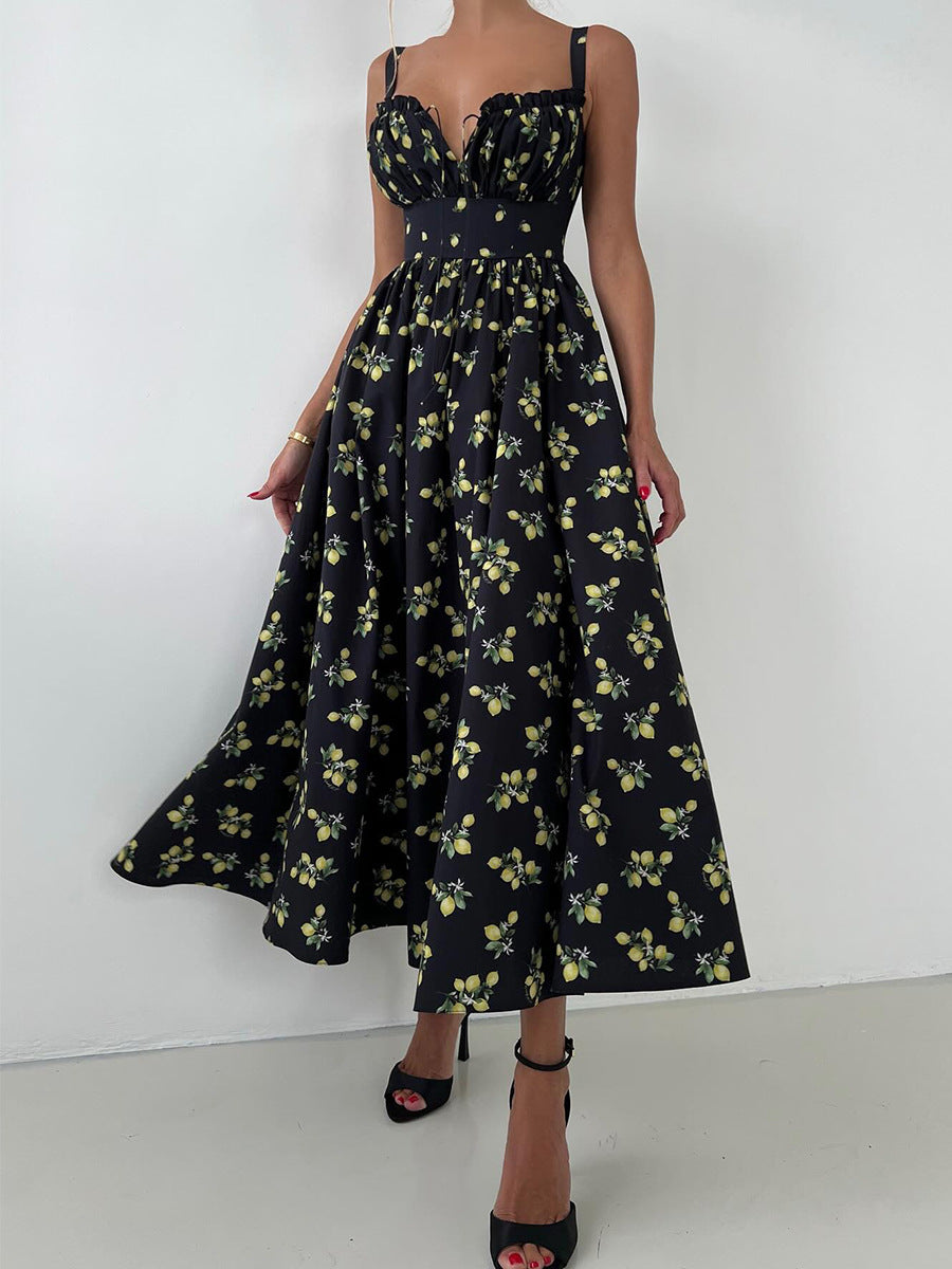 Lemon Print Corset Bodice Maxi Dress - Black - 2