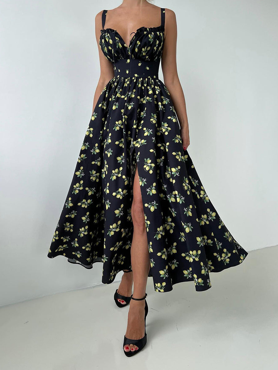 Lemon Print Corset Bodice Maxi Dress - Black - 3