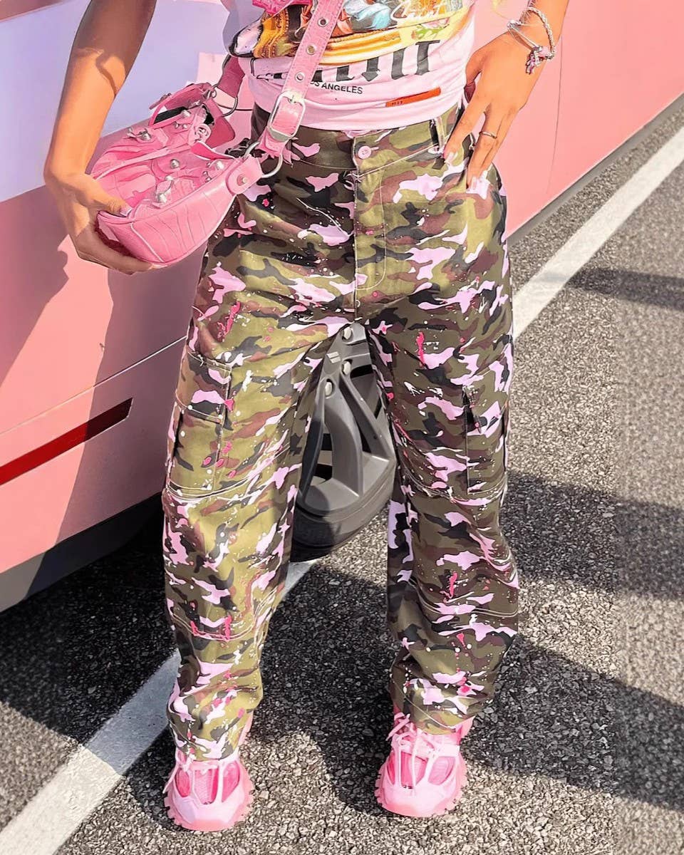 Camo Print High Rise Utility Cargo Pants