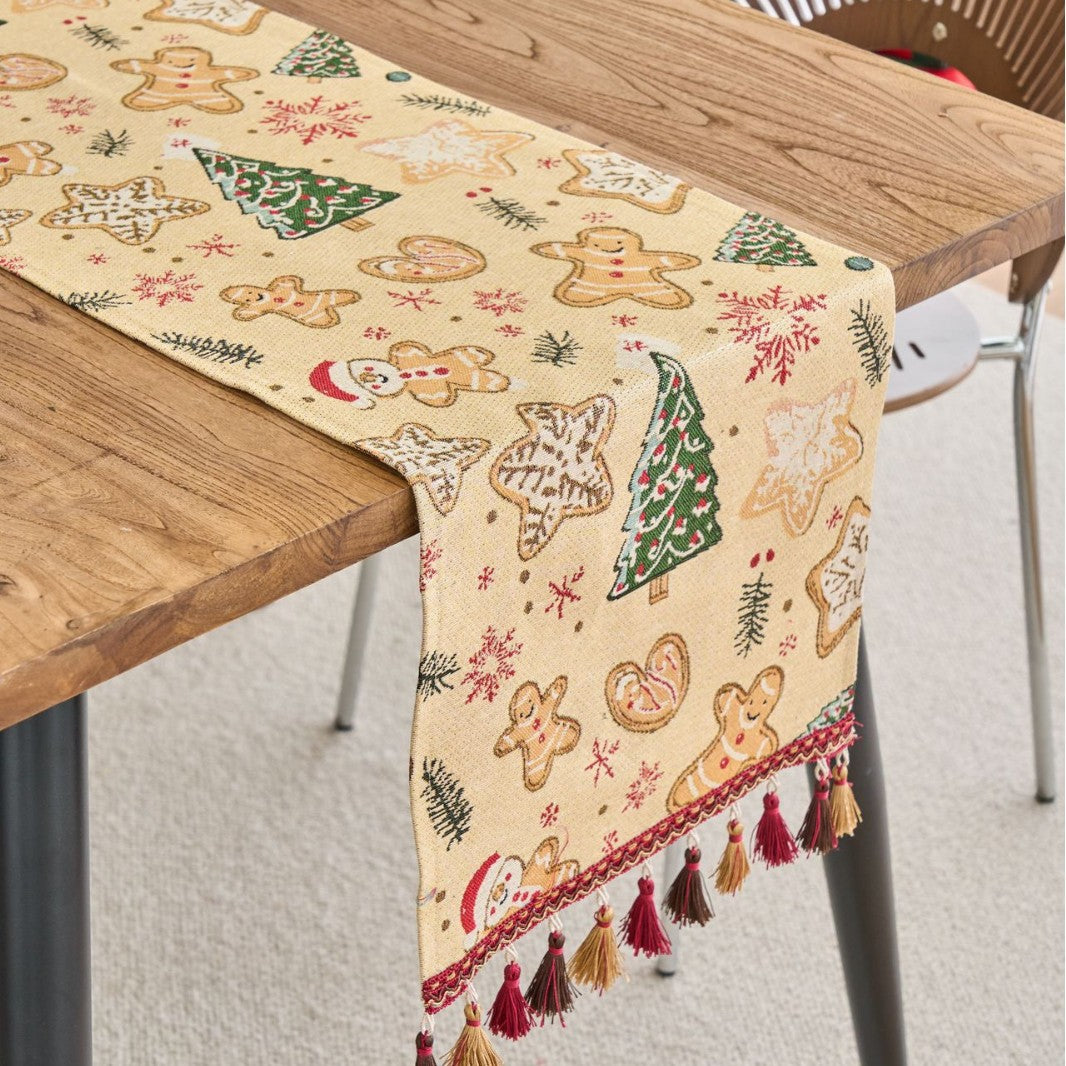 Christmas Table Runner with Woven Pattern and Tassels - Apricot