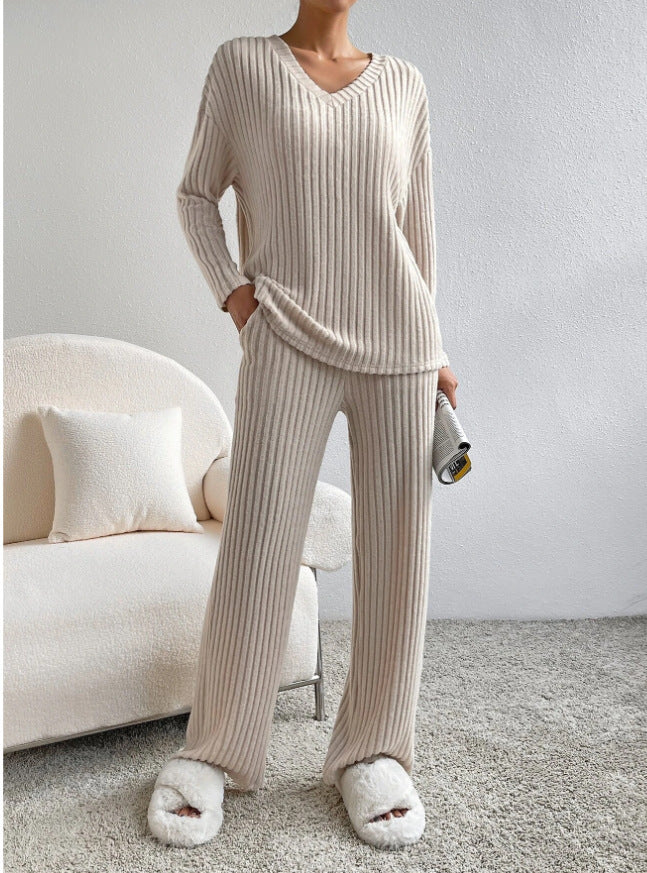 Ribbed Knit V Neck Top And Trouser Set - Apricot