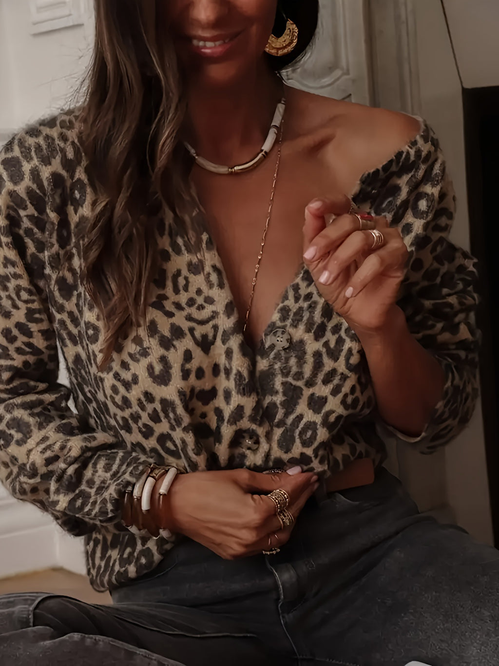 Leopard Print Button Front Knit Cardigan - Leo - 4