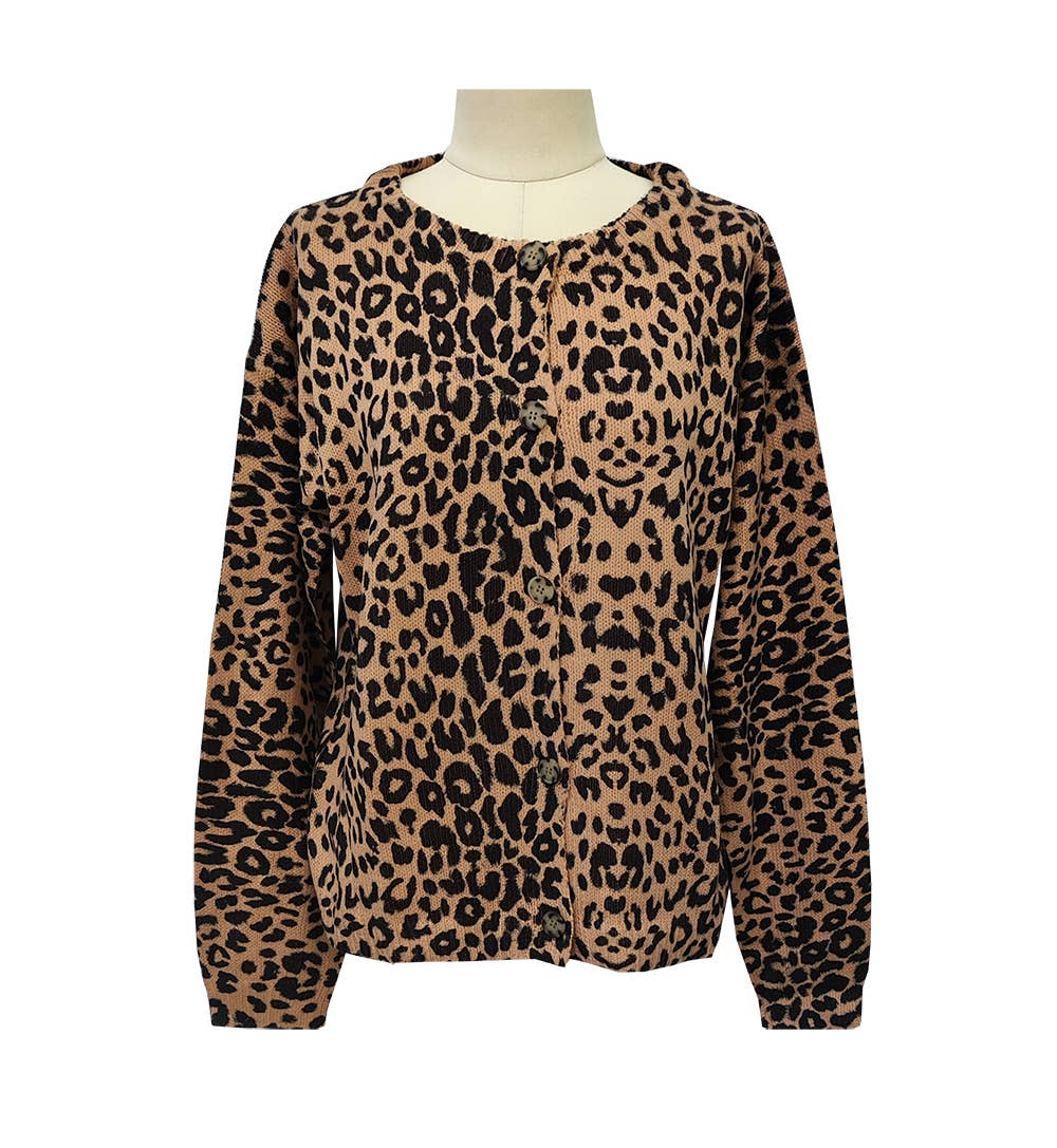 Leopard Print Button Front Knit Cardigan