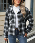 Cropped Plaid Flannel Overshirt Jacket - Black