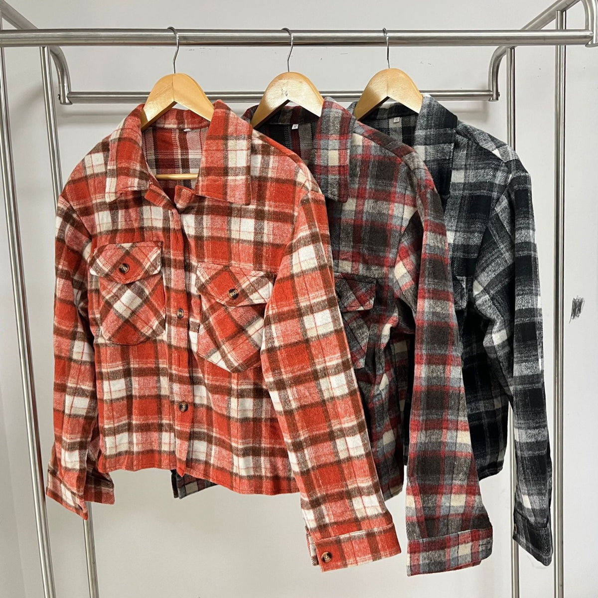 Cropped Plaid Flannel Overshirt Jacket - Orange - 1