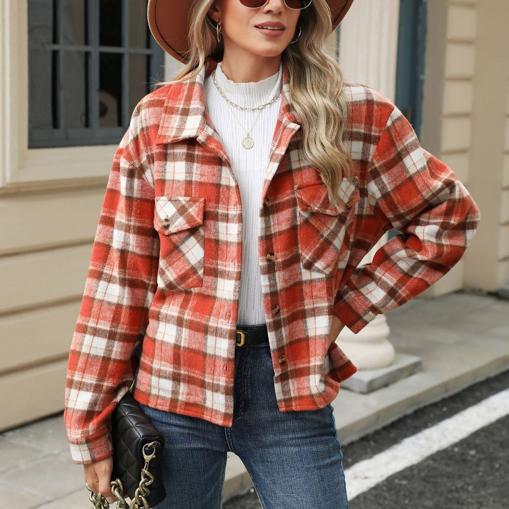 Cropped Plaid Flannel Overshirt Jacket - Orange - 2