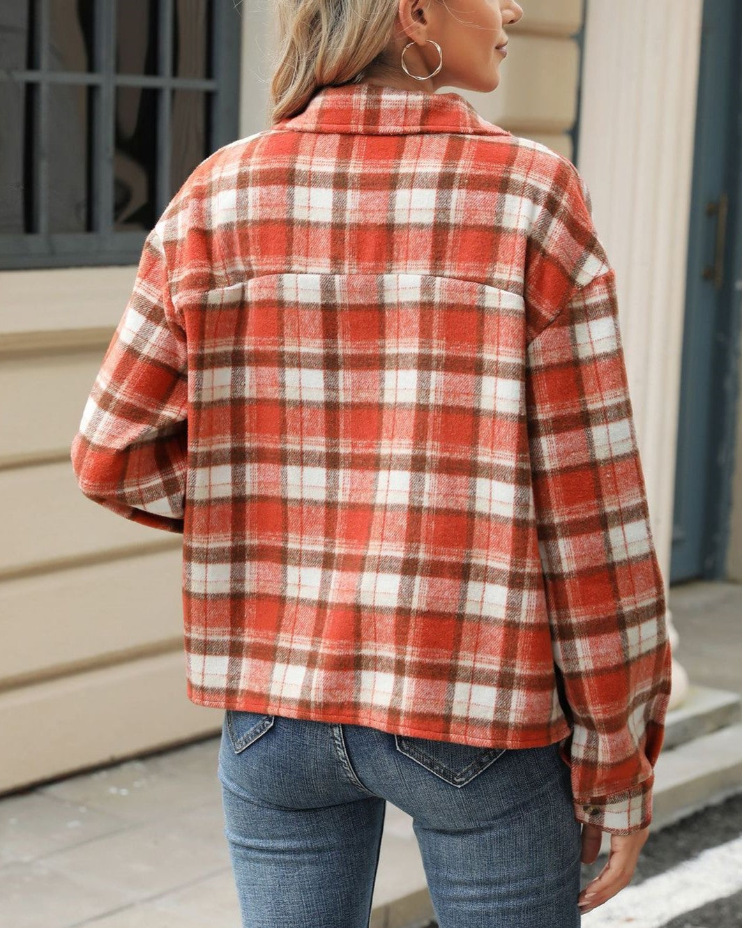 Cropped Plaid Flannel Overshirt Jacket - Orange - 3