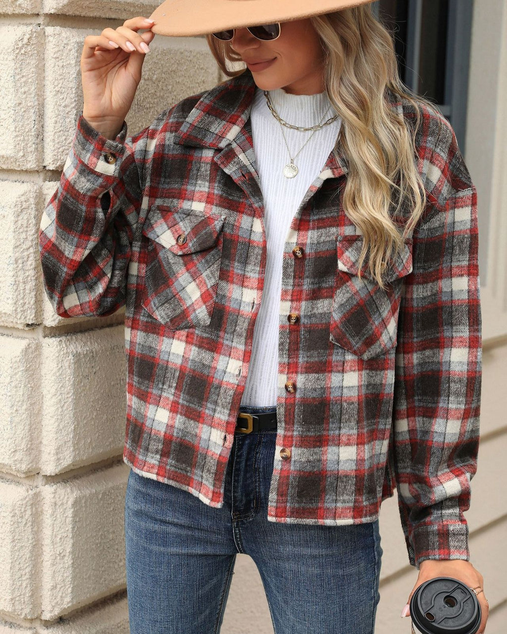 Cropped Plaid Flannel Overshirt Jacket - Red - 1