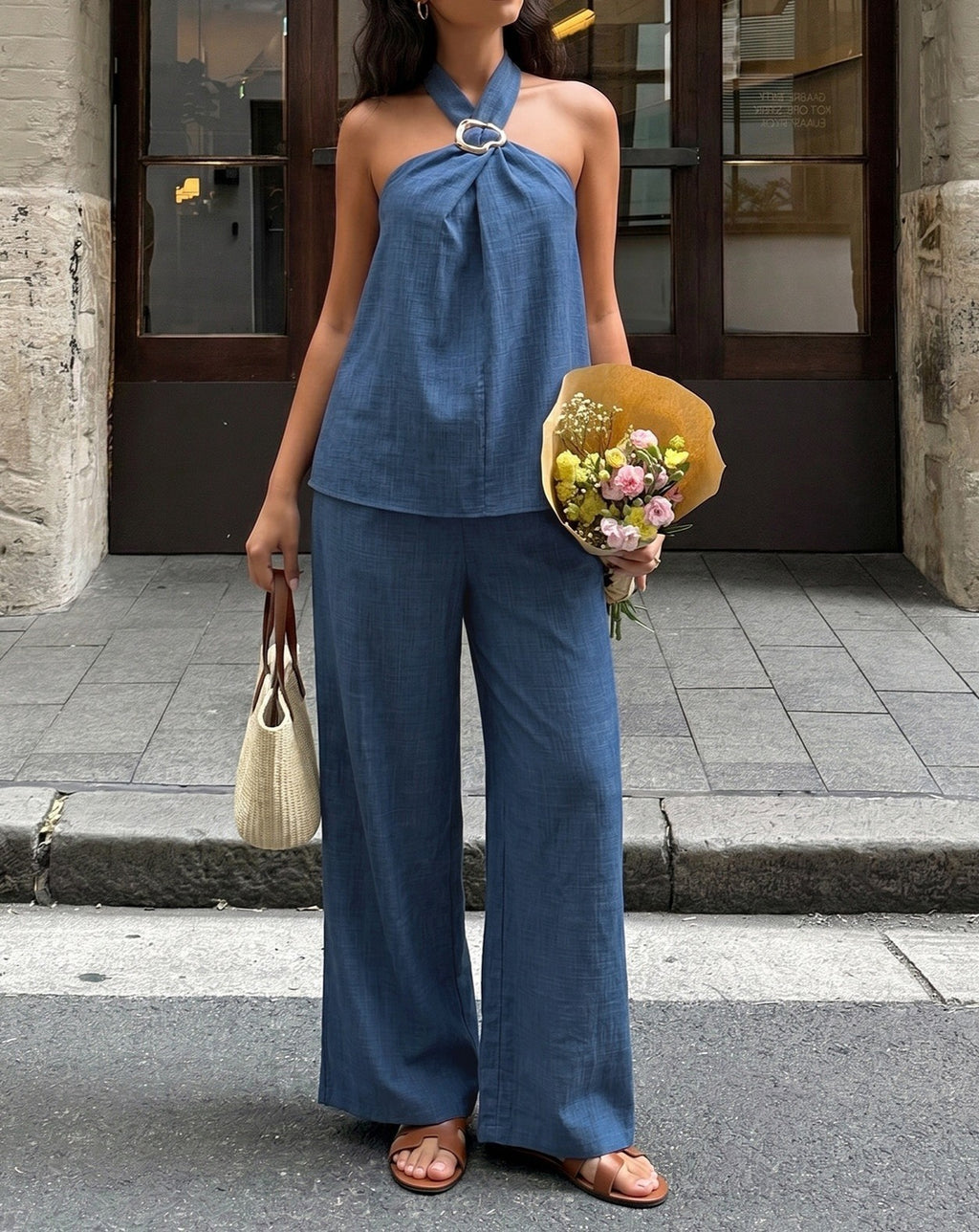 Halter Ring Top And Wide Leg Pants Set - Darkblue