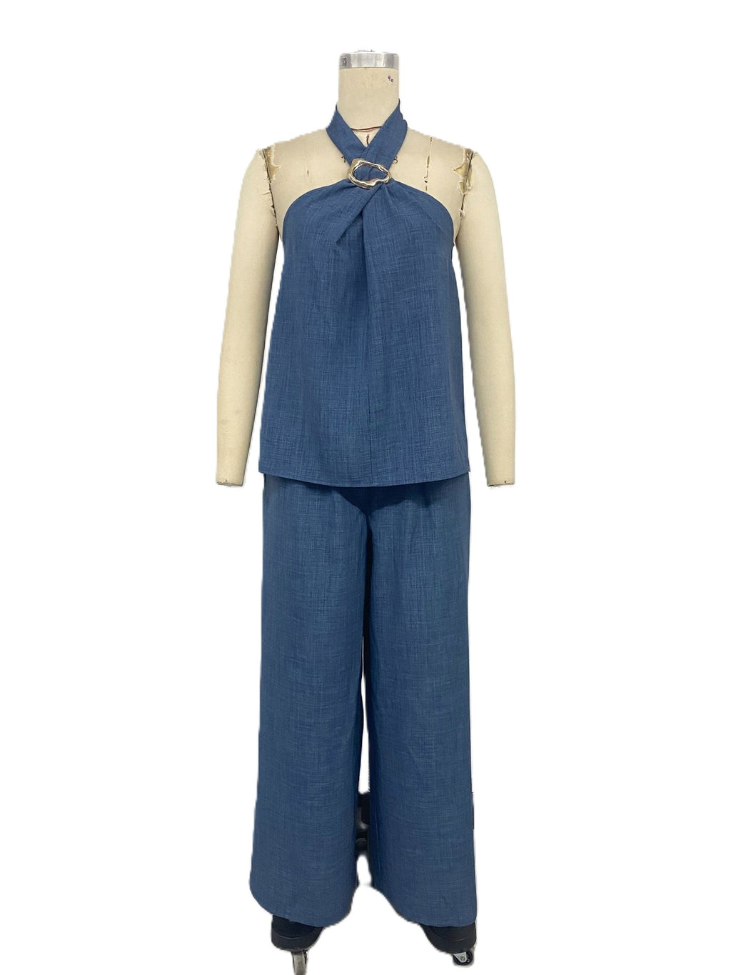 Halter Ring Top And Wide Leg Pants Set - Darkblue - 1