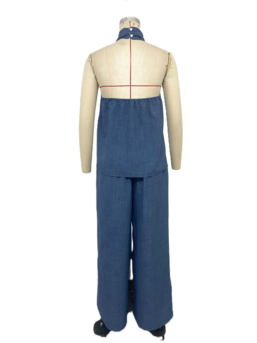 Halter Ring Top And Wide Leg Pants Set - Darkblue - 2