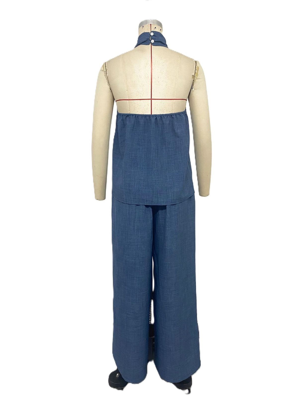 Halter Ring Top And Wide Leg Pants Set - Darkblue - 2