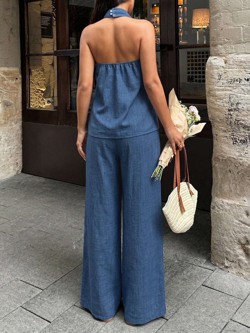 Halter Ring Top And Wide Leg Pants Set - Darkblue - 4