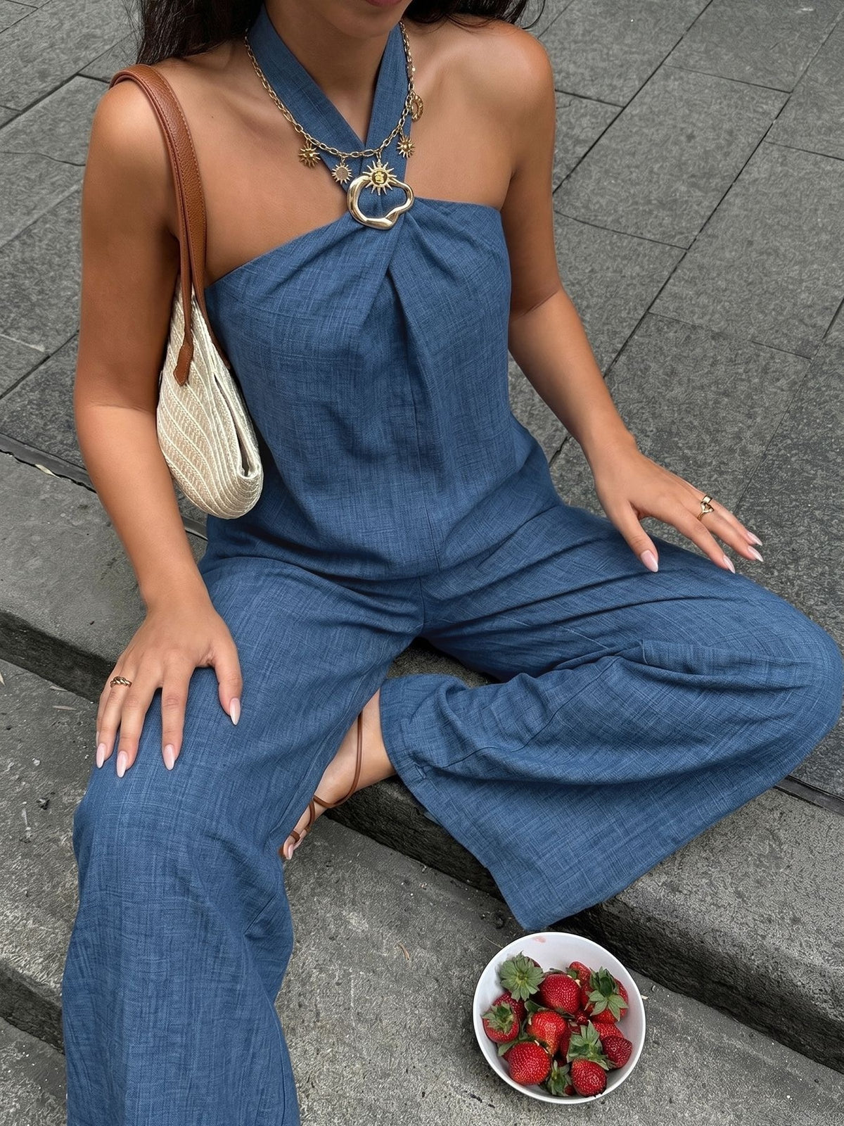 Halter Ring Top And Wide Leg Pants Set - Darkblue - 5