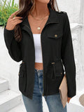 Drawstring Waist Zip Up Utility Jacket - Black