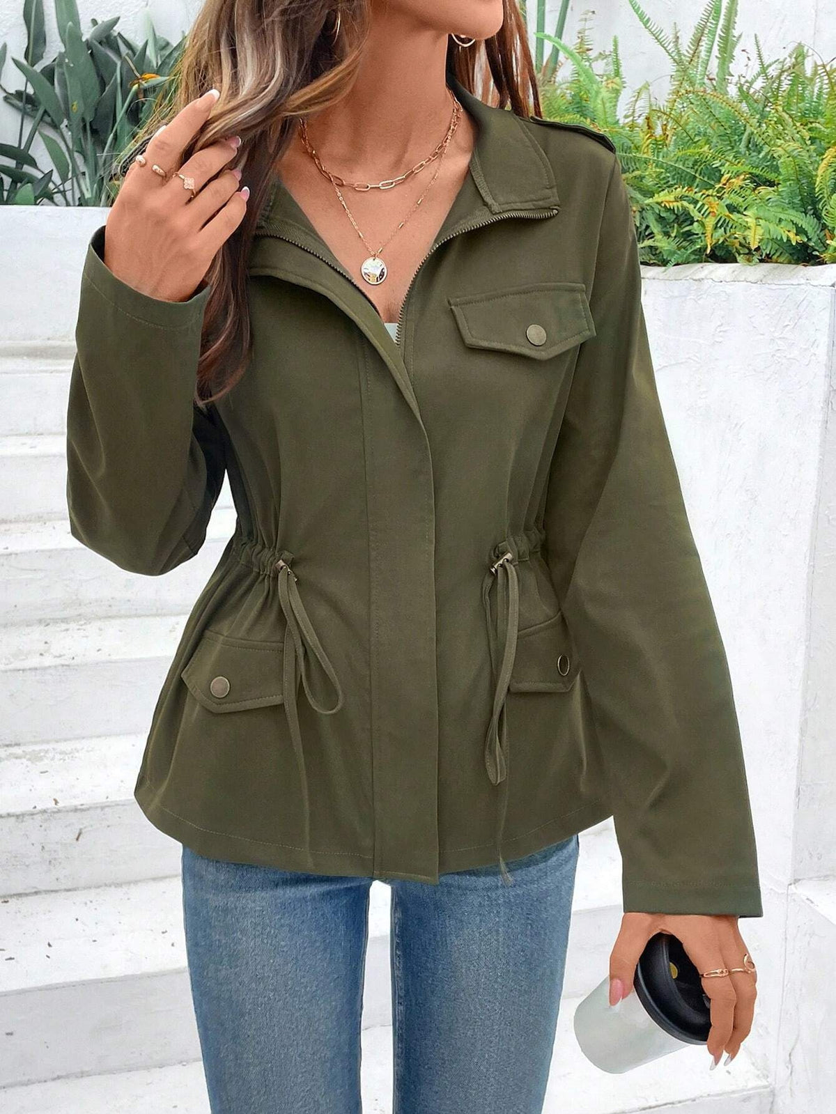 Drawstring Waist Zip Up Utility Jacket - Green