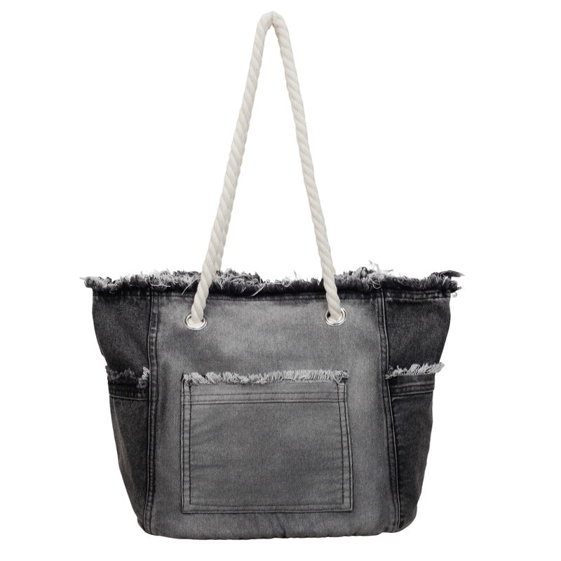 Distressed Denim Tote Bag with Front Pocket - Black