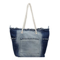 Distressed Denim Tote Bag with Front Pocket - Dark_Blue