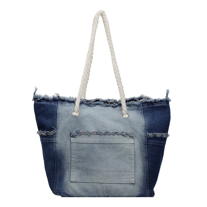Distressed Denim Tote Bag with Front Pocket - Dark_Blue
