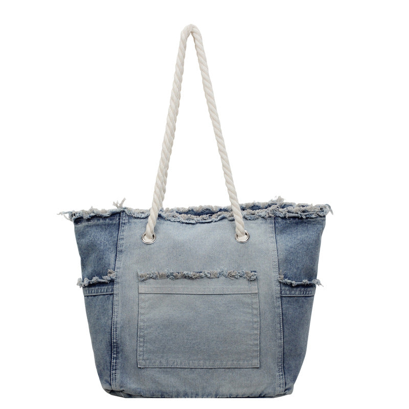 Distressed Denim Tote Bag with Front Pocket - Light_Blue