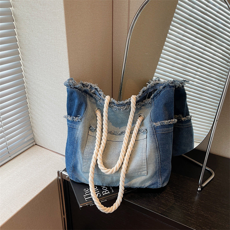 Distressed Denim Tote Bag with Front Pocket