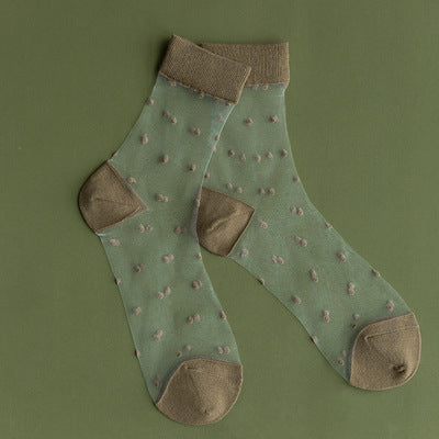 Dotted Sheer Mesh Ankle Socks - Khaki
