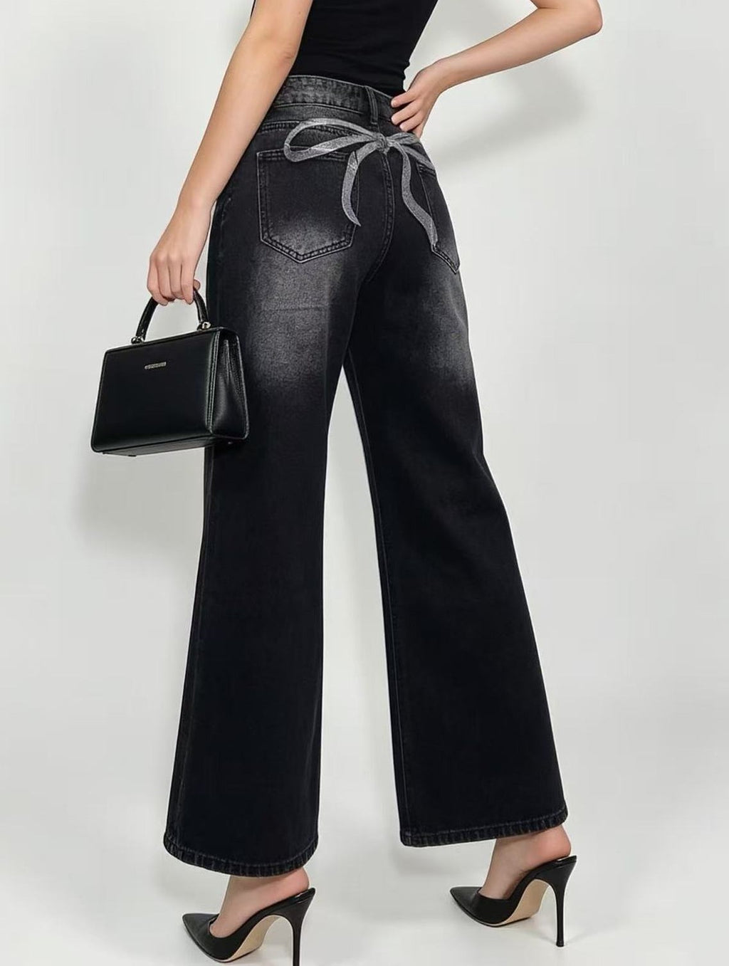 Ribbon Bow Back Wide Leg Jeans - Black