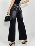 Ribbon Bow Back Wide Leg Jeans - Black