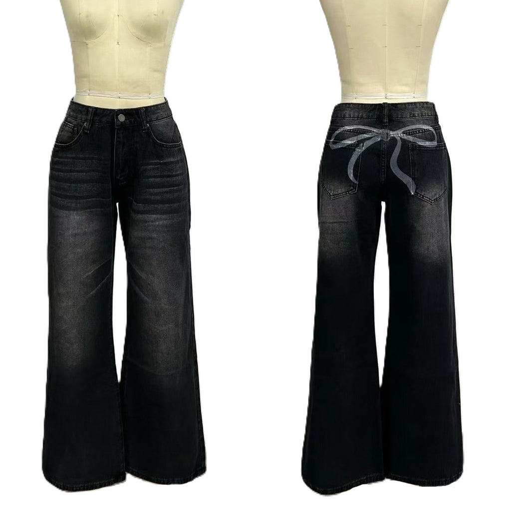 Ribbon Bow Back Wide Leg Jeans - Black - 1