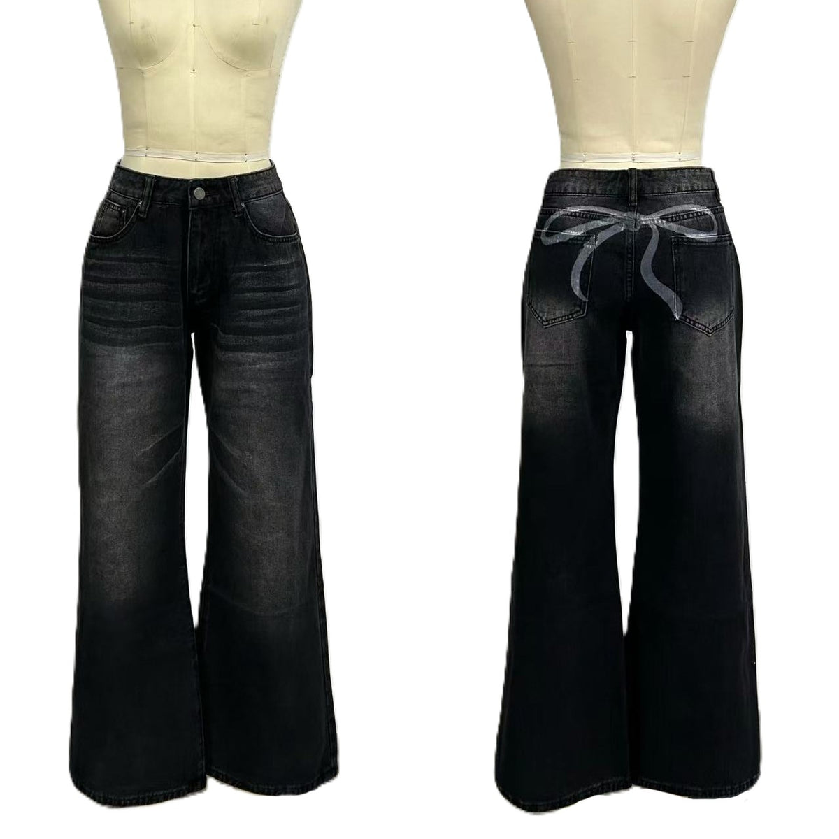 Ribbon Bow Back Wide Leg Jeans - Black - 1