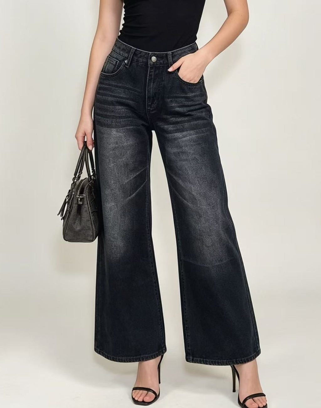 Ribbon Bow Back Wide Leg Jeans - Black - 2
