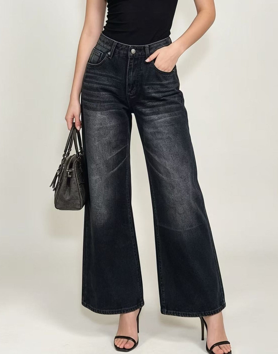 Ribbon Bow Back Wide Leg Jeans - Black - 2