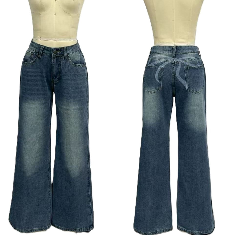 Ribbon Bow Back Wide Leg Jeans - DarkBlue