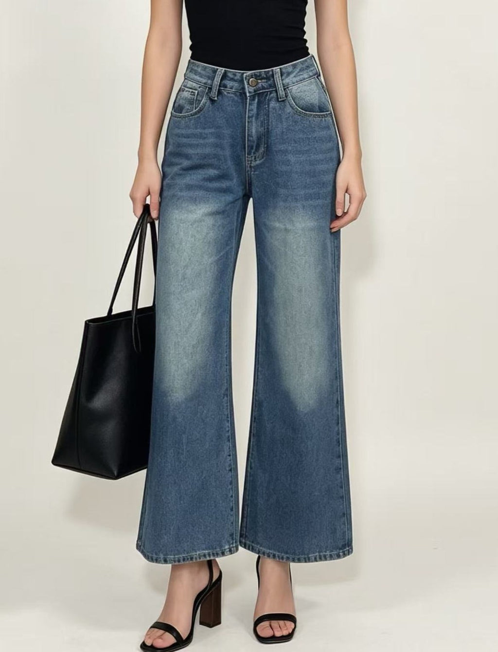 Ribbon Bow Back Wide Leg Jeans - DarkBlue - 1