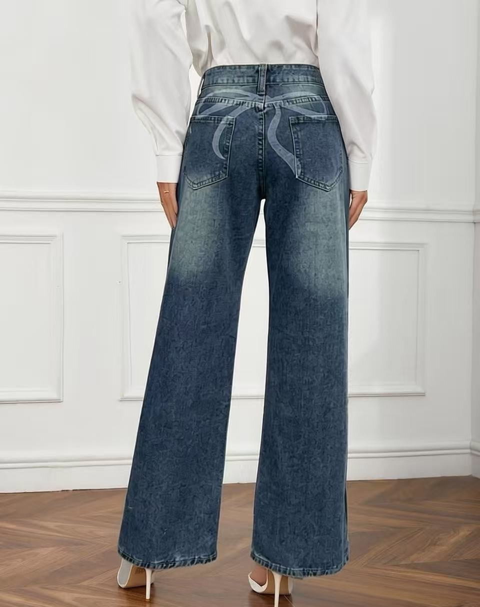 Ribbon Bow Back Wide Leg Jeans - DarkBlue - 2