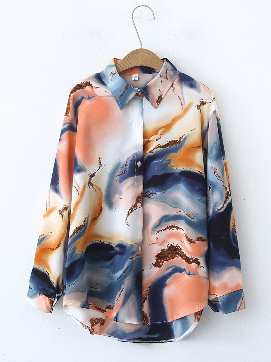 Marbled Abstract Print Button Down Shirt - Multi
