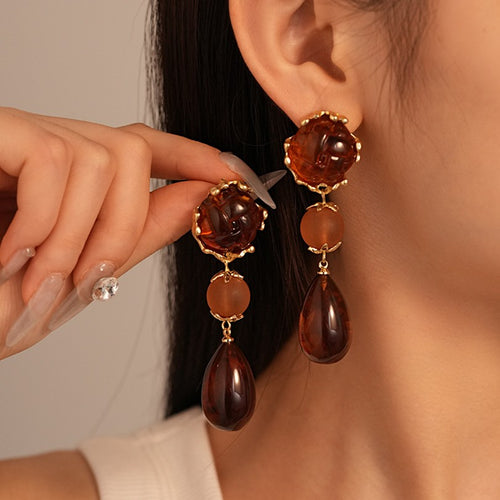 Amber Resin Teardrop Statement Earrings - Coffee