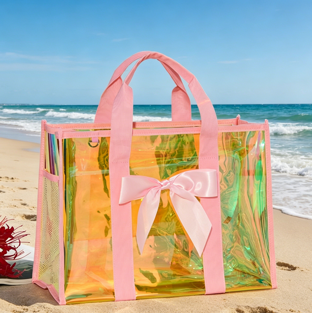 Bow Detail Iridescent Clear Tote Bag - Pink