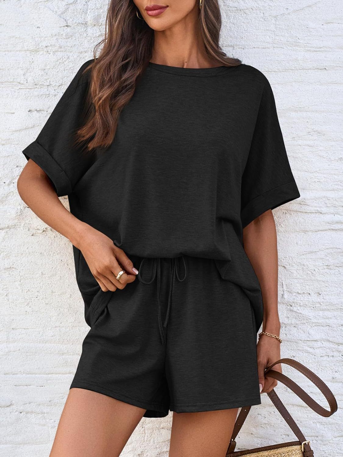 Boxy Tee and Drawstring Shorts Set - black - 4