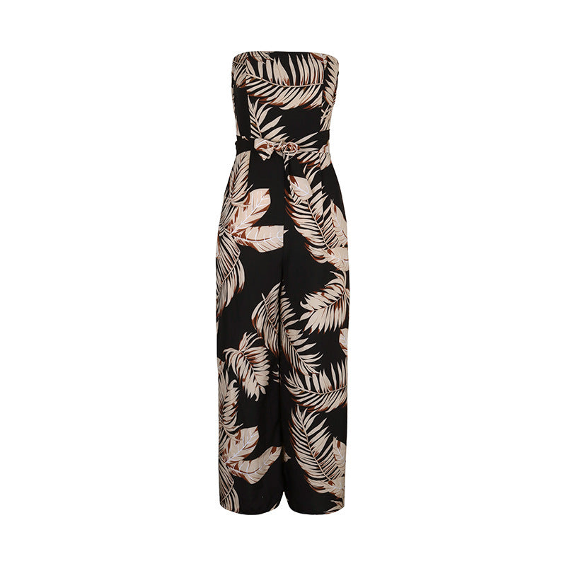 Palm Print Strapless Wide Leg Jumpsuit - Black