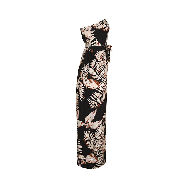 Palm Print Strapless Wide Leg Jumpsuit - Black - 1
