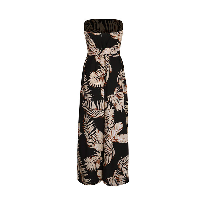 Palm Print Strapless Wide Leg Jumpsuit - Black - 2