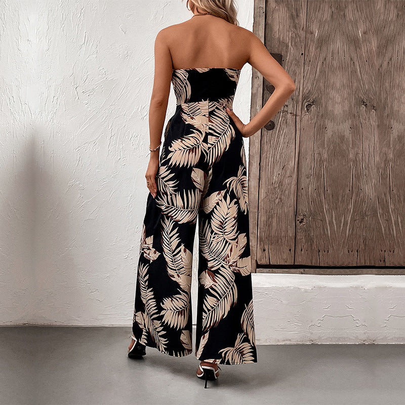 Palm Print Strapless Wide Leg Jumpsuit - Black - 3