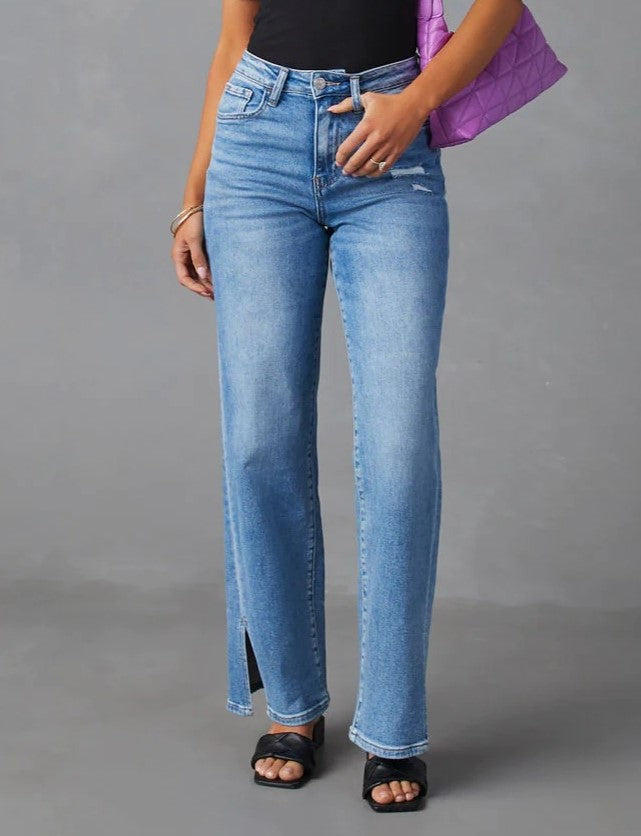 High Rise Wide Leg Split Hem Jeans - Blue - 1