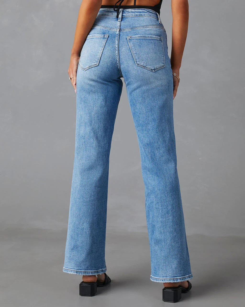 High Rise Wide Leg Split Hem Jeans - Blue - 2